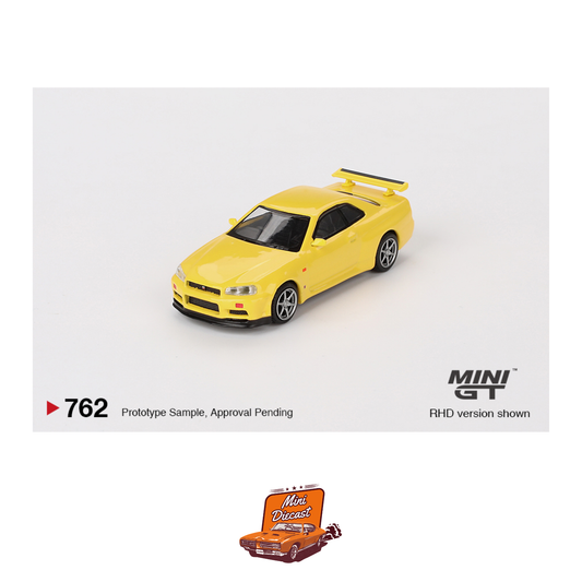 Mini GT #762 Nissan Skyline GT-R (R34) V-Spec Lightning Yellow - MiJo Exclusives (Blister Pack) (Imported)