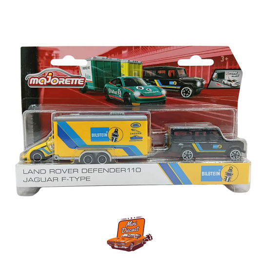 Majorette Race Trailer – Land Rover Defender 110 + Jaguar F-Type (Black / Yellow)