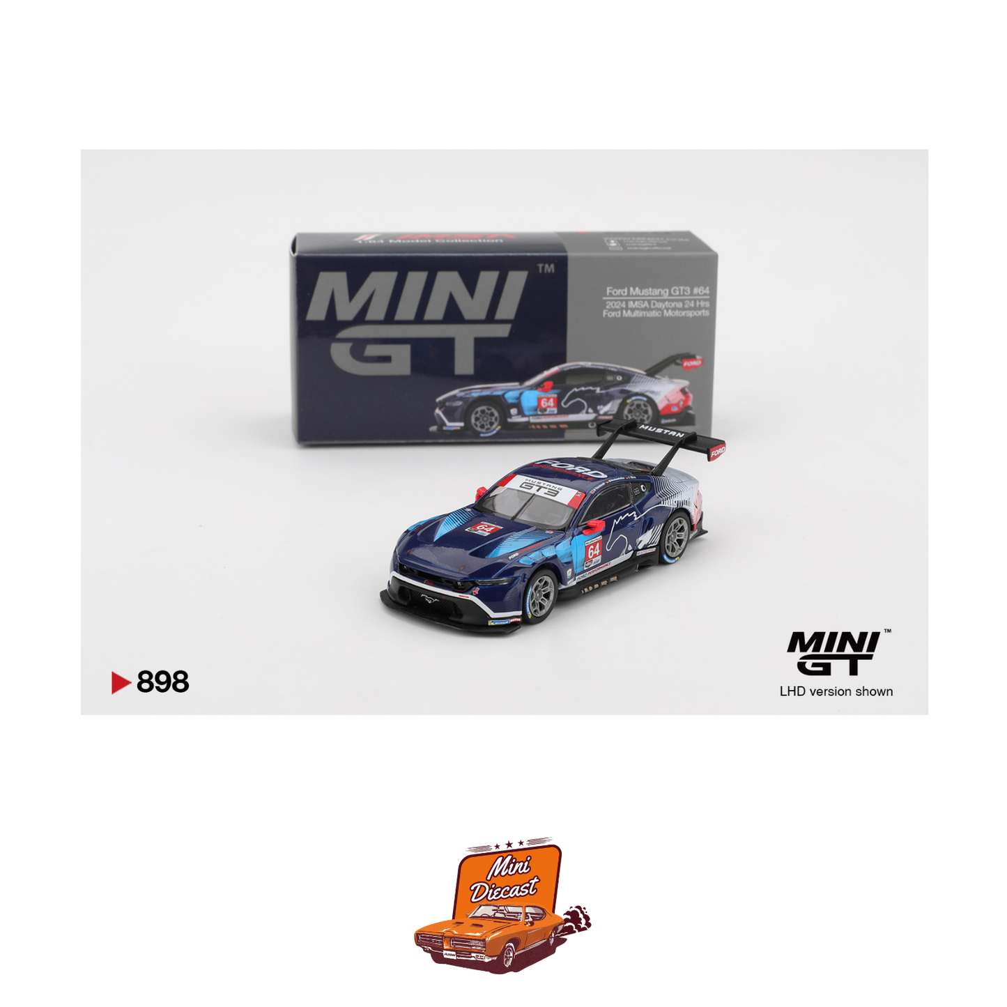 Mini GT #898 Ford Mustang GT3 #64 Ford Multimatic Motorsports 2024 IMSA Daytona 24 Hrs