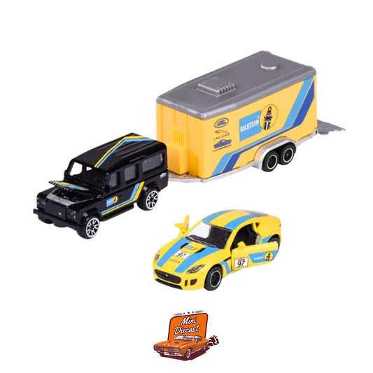 Majorette Race Trailer – Land Rover Defender 110 + Jaguar F-Type (Black / Yellow)