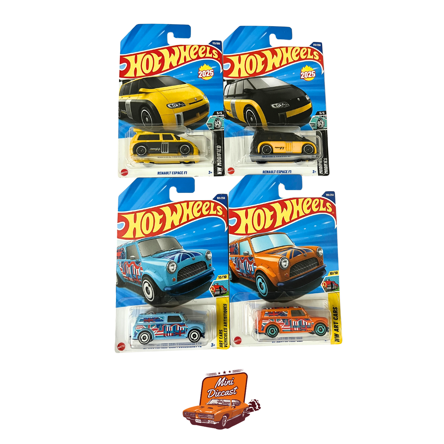 Hot Wheels Mainline (Set of 4) – 2x Renault Espace F1 / 2x ’67 Austin Mini Van (Different Colours)