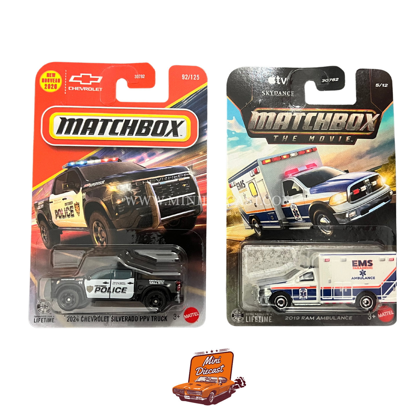 Matchbox (Set of 2) – 2024 Chevrolet Silverado PPV Truck / 2019 Ram Ambulance