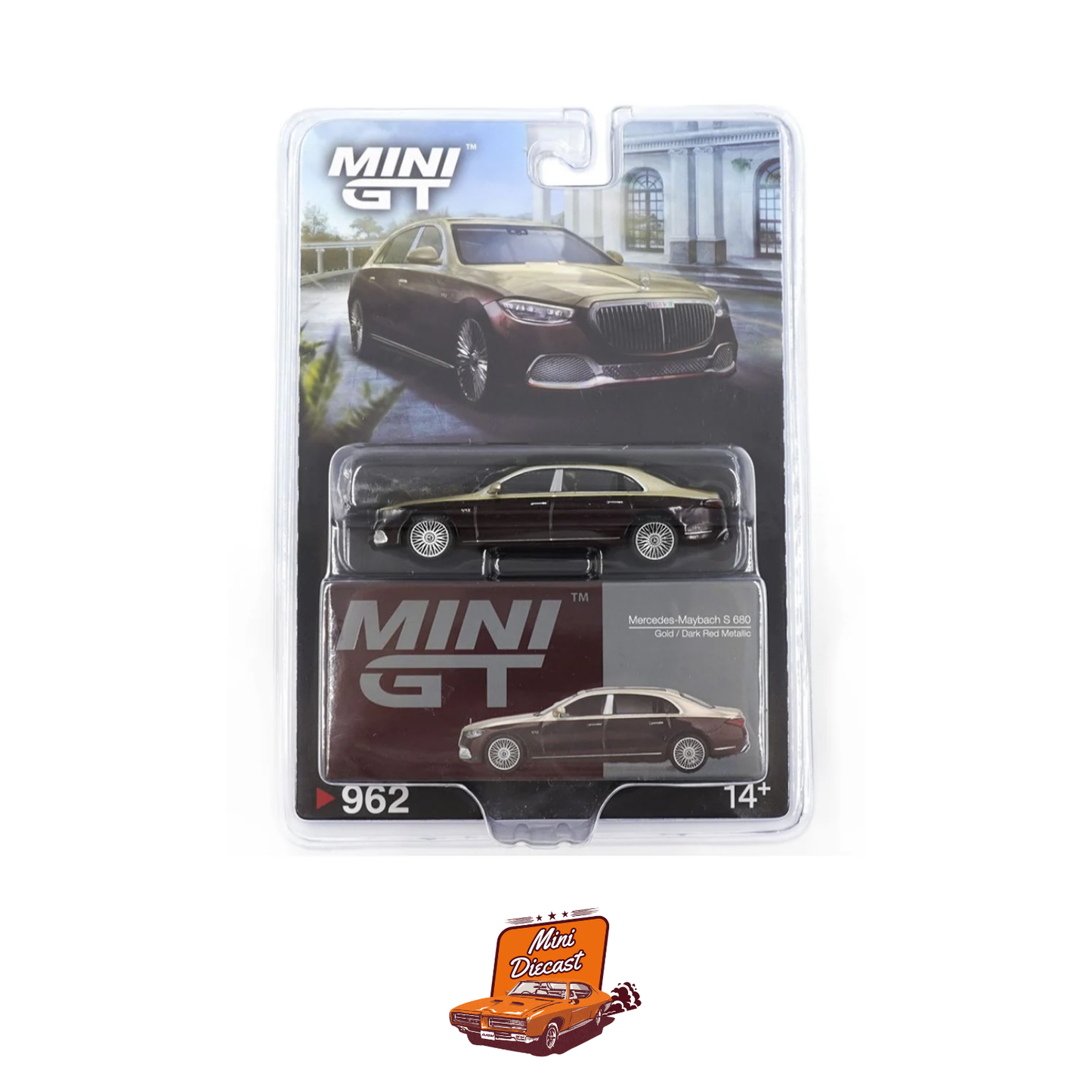 Mini GT #962 Mercedes-Maybach S 680 – Gold / Dark Red Metallic (Blister Pack)