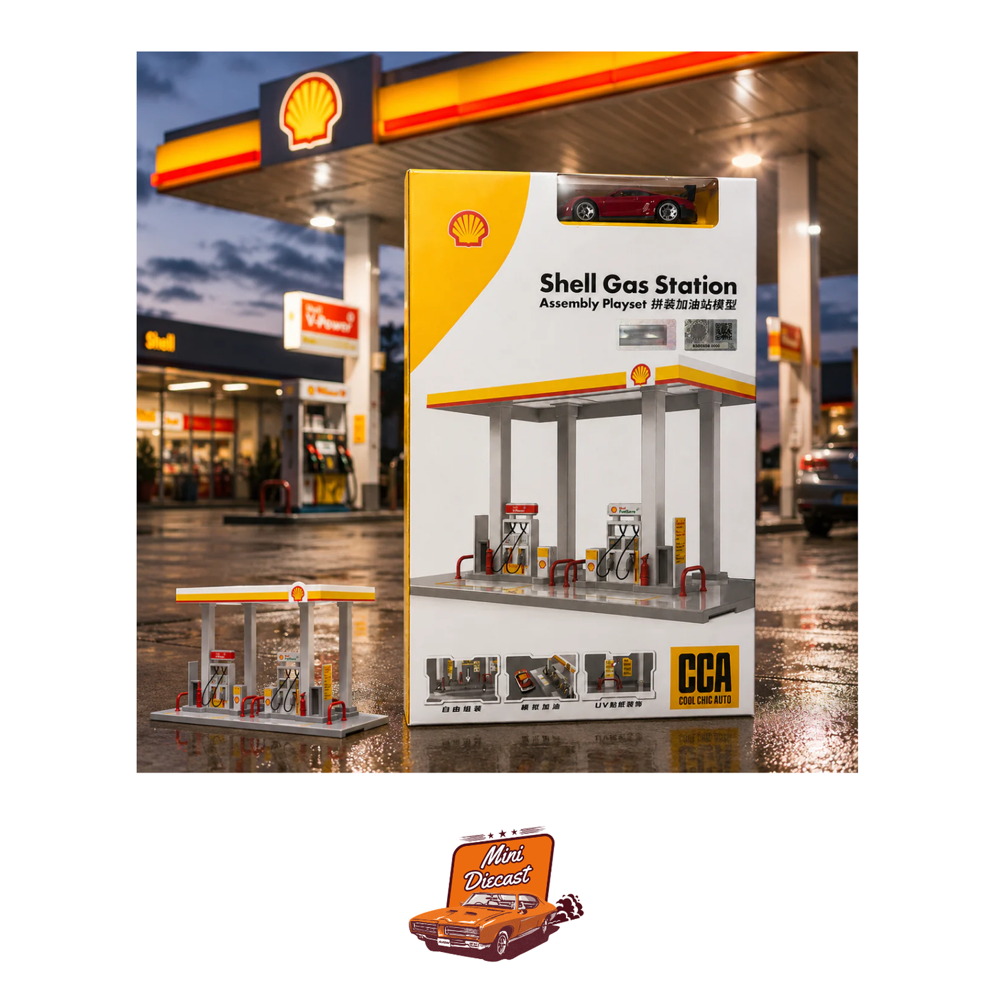 CCA Shell Gas Station Porsche 1:64 Car Assembly Playset (01278E) (Creased Box)