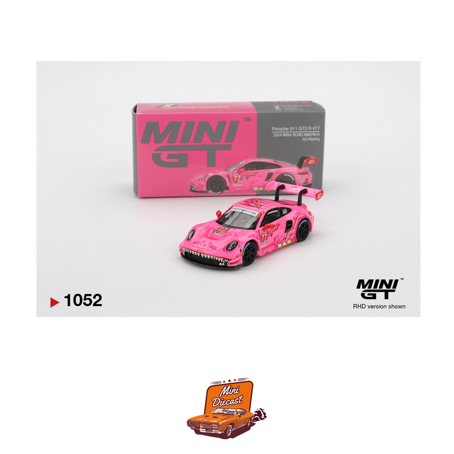 Mini GT #1052 Porsche 911 GT3 R “Roxy” #77 AO Racing 2024 IMSA Road America (Imported)