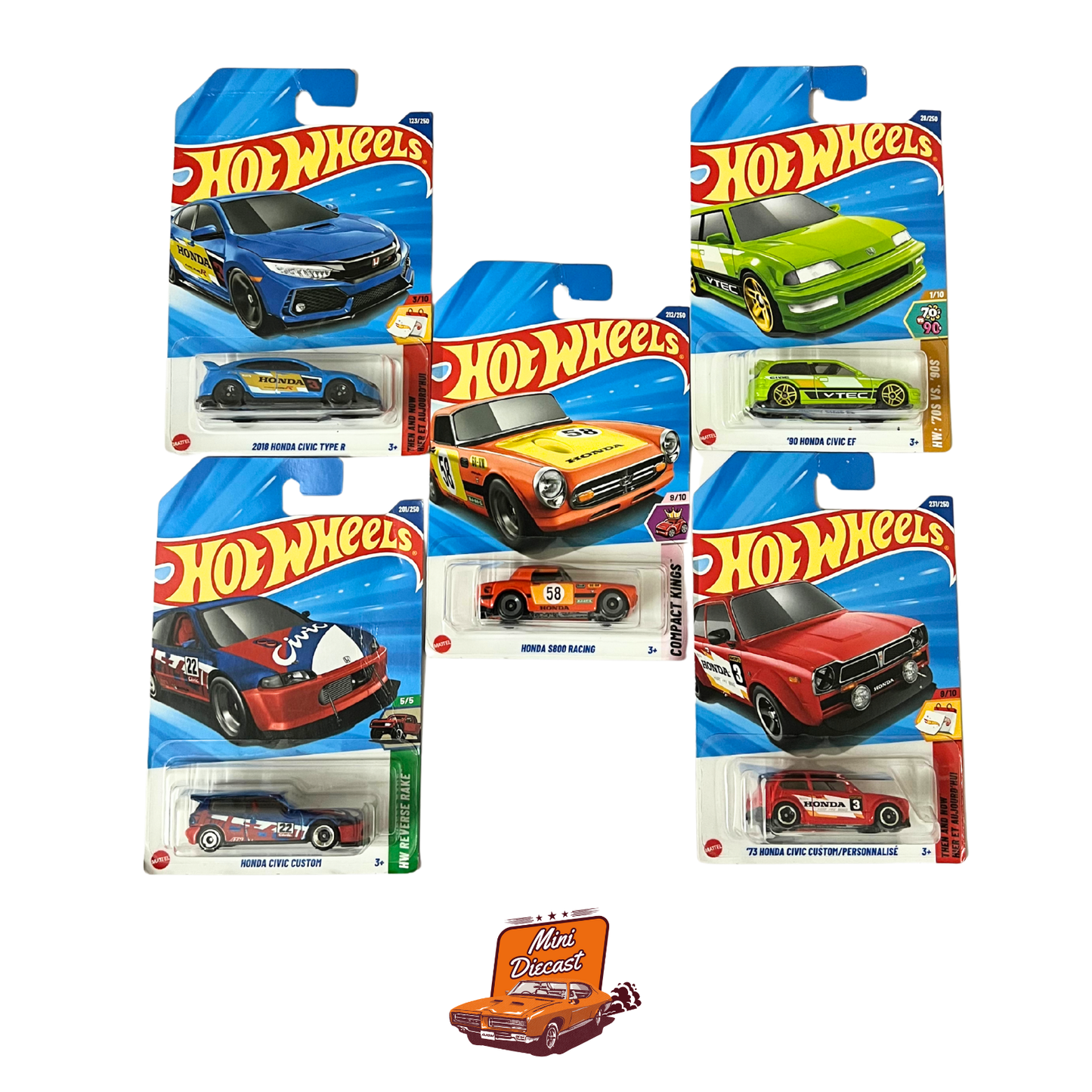 Hot Wheels Mainline (Set of 5) – Honda S800 Racing (TH Special) / 2018 Honda Civic Type R / Honda Civic Custom / ’80 Honda Civic EF / ’73 Honda Civic Custom