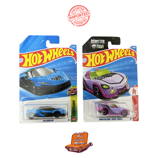 Hot Wheels Mainline (Set of 2) – McLaren W1 / Monster High Ghoul Mobile (Imported)