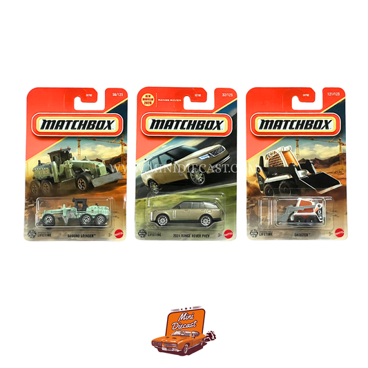 Matchbox (Set of 3) – Ground Grinder / 2024 Range Rover PHEV / Skidster