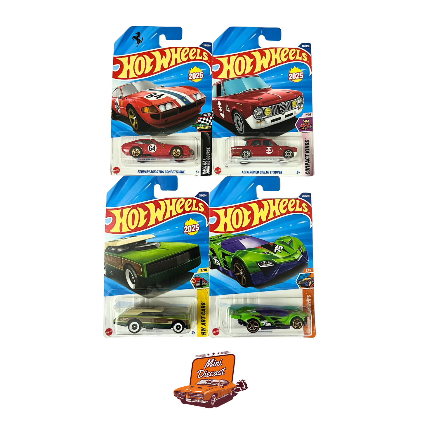 Hot Wheels Mainline (Set of 4) – Ferrari 365 GTB4 Competizione / Alfa Romeo Giulia TI Super / Long Bloc / Blitzspeeder