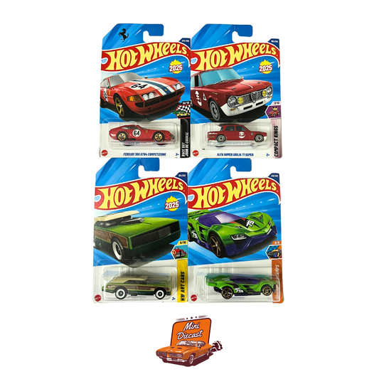 Hot Wheels Mainline (Set of 4) – Ferrari 365 GTB4 Competizione / Alfa Romeo Giulia TI Super / Long Bloc / Blitzspeeder