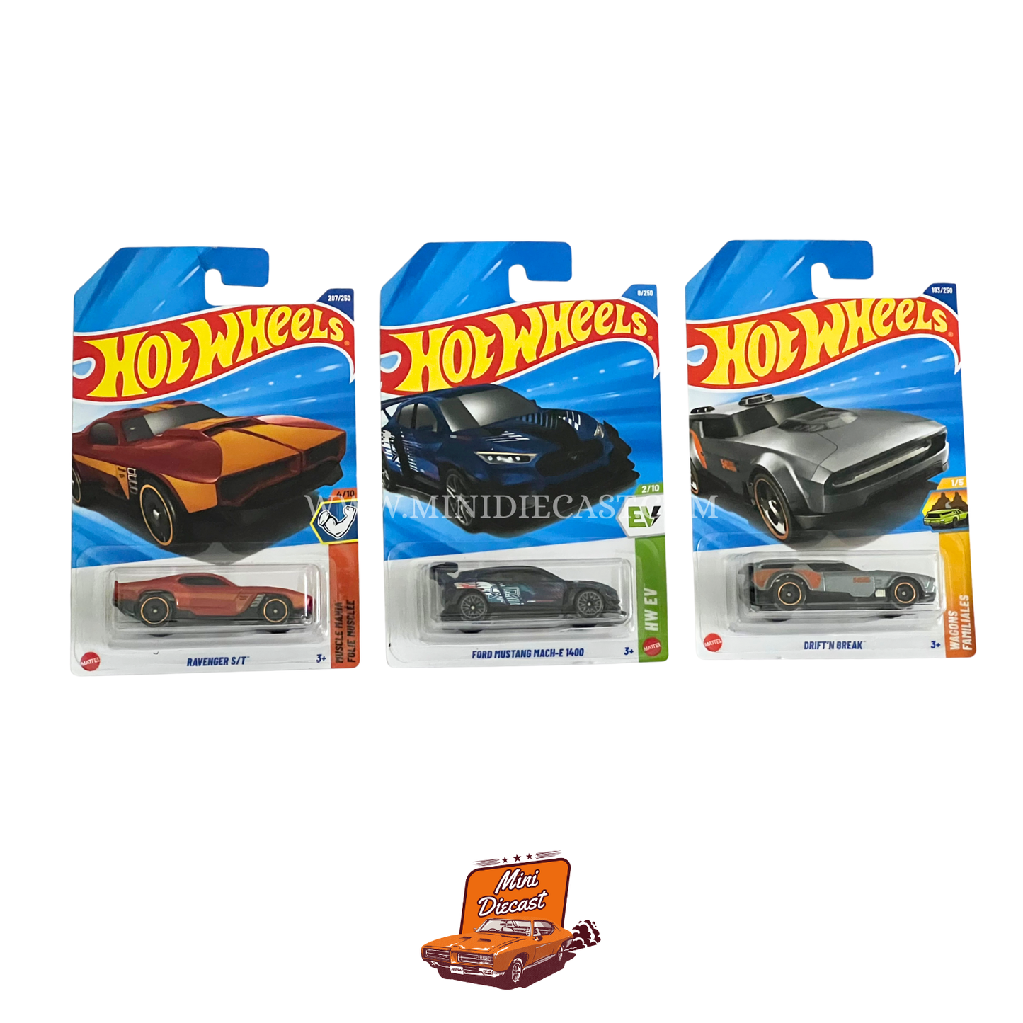 Hot Wheels Mainline (Set of 3) – Ravenger S/T / Ford Mustang Mach-E 1400 / Drift’n Break