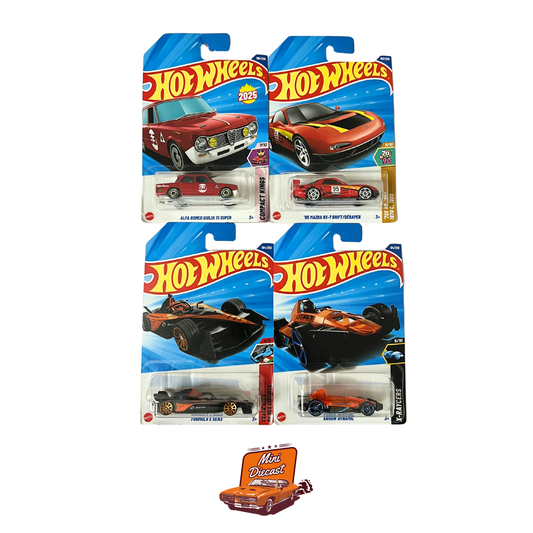 Hot Wheels Mainline (Set of 4) – Alfa Romeo Giulia TI Super / ’95 Mazda RX-7 Drift / Formula E Gen 3 / Arrow Dynamic