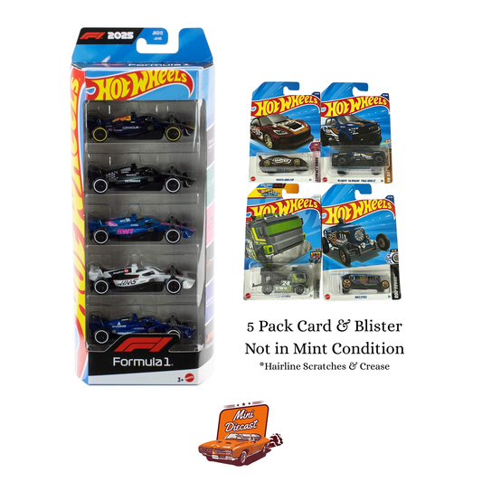 Hot Wheels Formula 1 (F1) 2025 – 5 Pack & Mainline (Set of 4) – Toyota GR86 Cup / ’19 Chevy Silverado Trail Boss LT / Heavy Hitcher / Max Steel