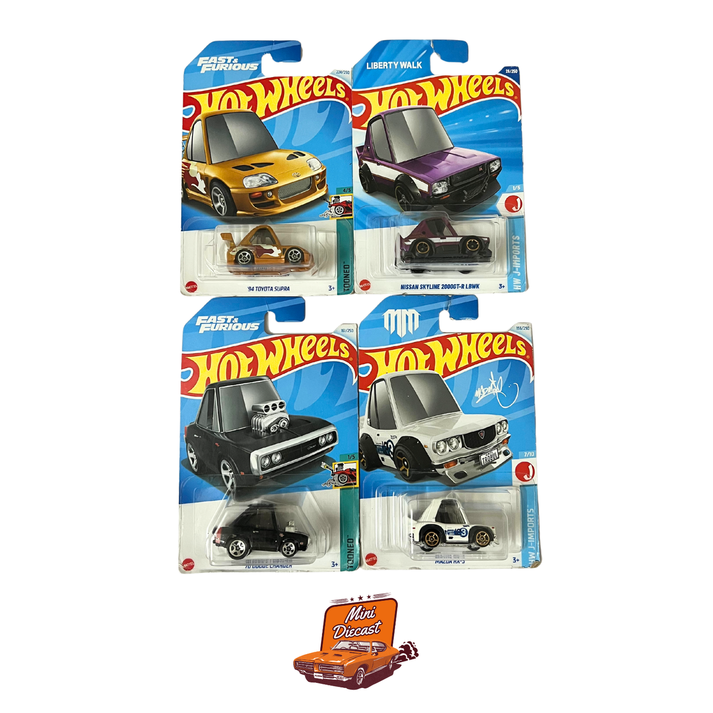 Hot Wheels Mainline (Set of 4) – ’94 Toyota Supra / Nissan Skyline 2000GT-R LBWK / ’70 Dodge Charger / Mazda RX-3 (Tooned)