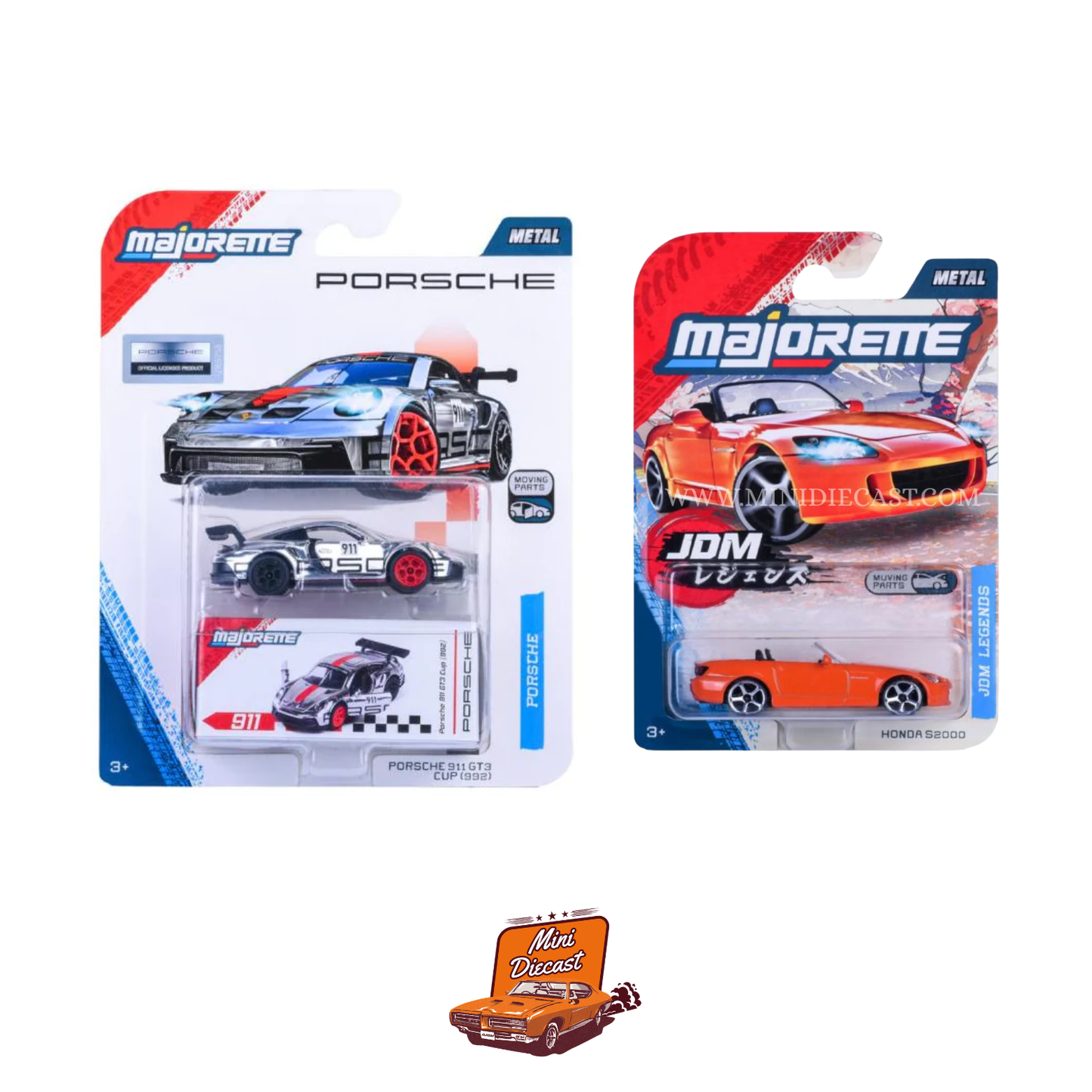 Majorette Deluxe Cars Porsche 911 GT3 Cup (992) + JDM Legends Premium Cars Honda S2000 Combo