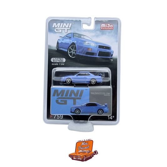 Mini GT #759 Nissan Skyline GT-R (R34) V-Spec Bayside Blue (Blister Pack) (Imported)