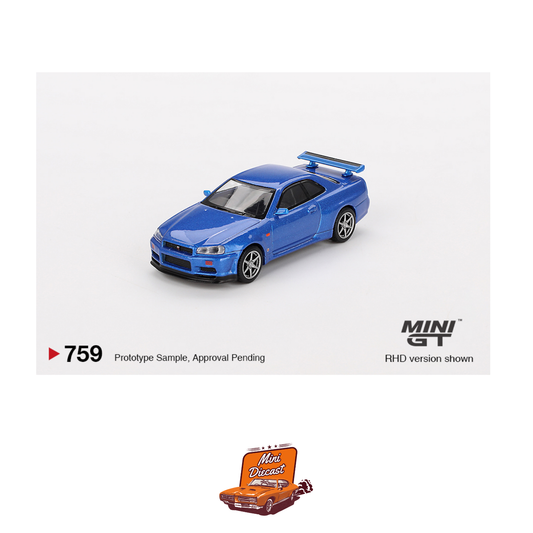 Mini GT #759 Nissan Skyline GT-R (R34) V-Spec Bayside Blue (Blister Pack) (Imported)