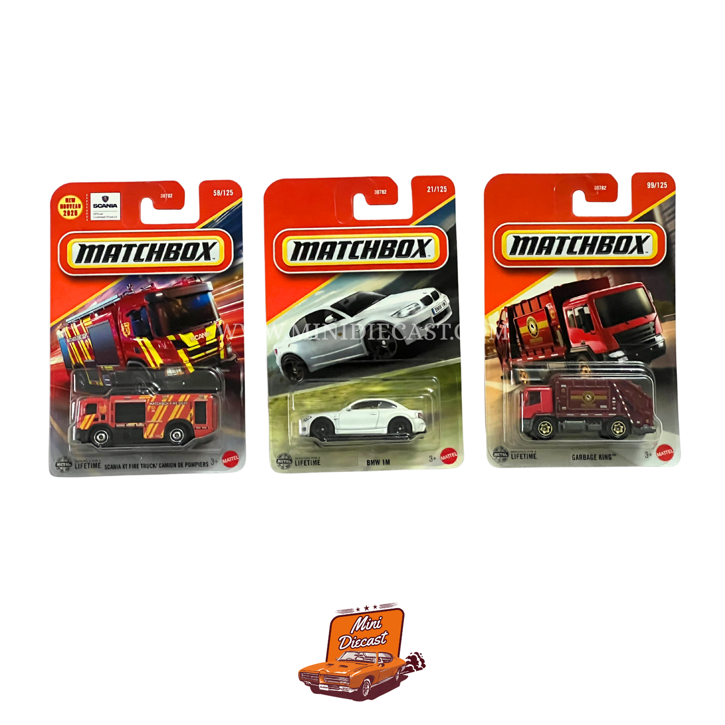 Matchbox (Set of 3) – Scania XT Fire Truck / BMW 1M / Garbage King