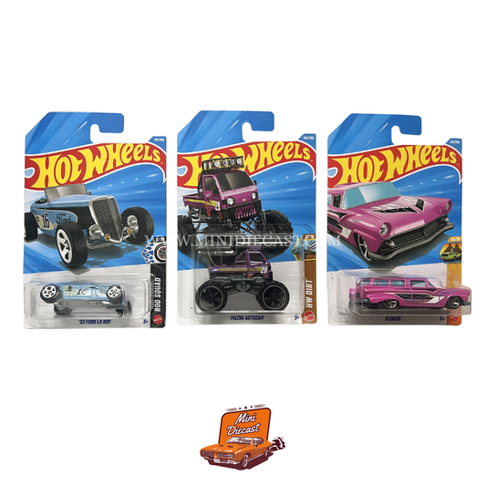 Hot Wheels Mainline (Set of 3) – ’33 Ford Lo Boy / Mazda Autozam / 8 Crate