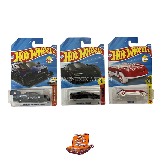 Hot Wheels Mainline (Set of 3) – Ford F-150 Lightning SuperTruck (Creased Card) / Ferrari SF90 Stradale / Twin Tags