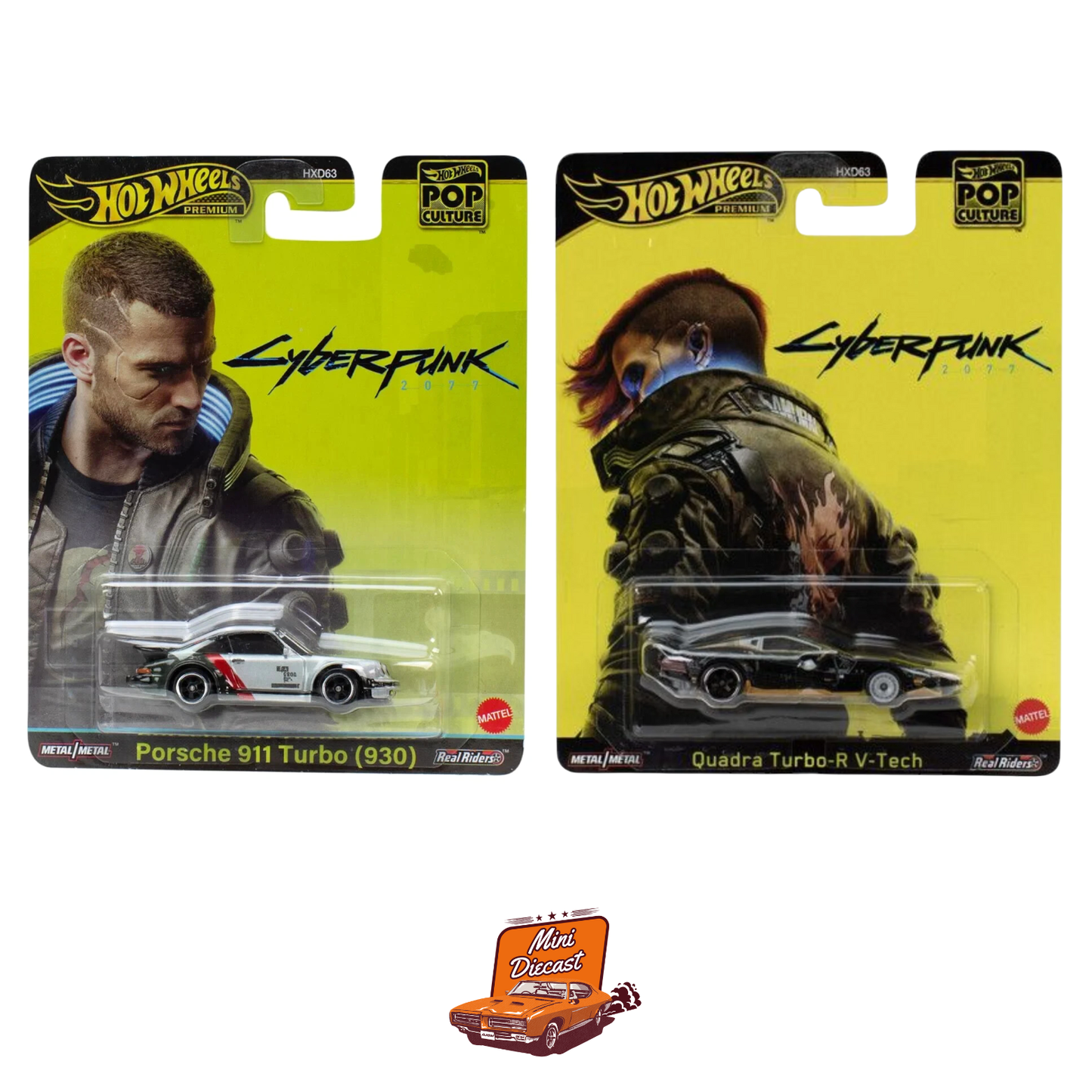 Hot Wheels Premium (Set of 2) – Pop Culture Cyberpunk Porsche 911 Turbo (930) / Cyberpunk Quadra Turbo R V-Tech (with Protector Case x2)