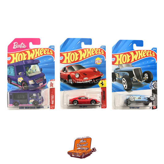 Hot Wheels Mainline (Set of 3) – Barbie Dream Camper / Dino 206 GT / ’33 Ford Lo Boy