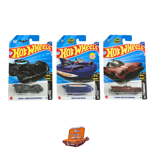 Hot Wheels Mainline (Set of 3) – Arkham Asylum Batmobile / 1966 Bat Boat / Batman TV Series Batmobile