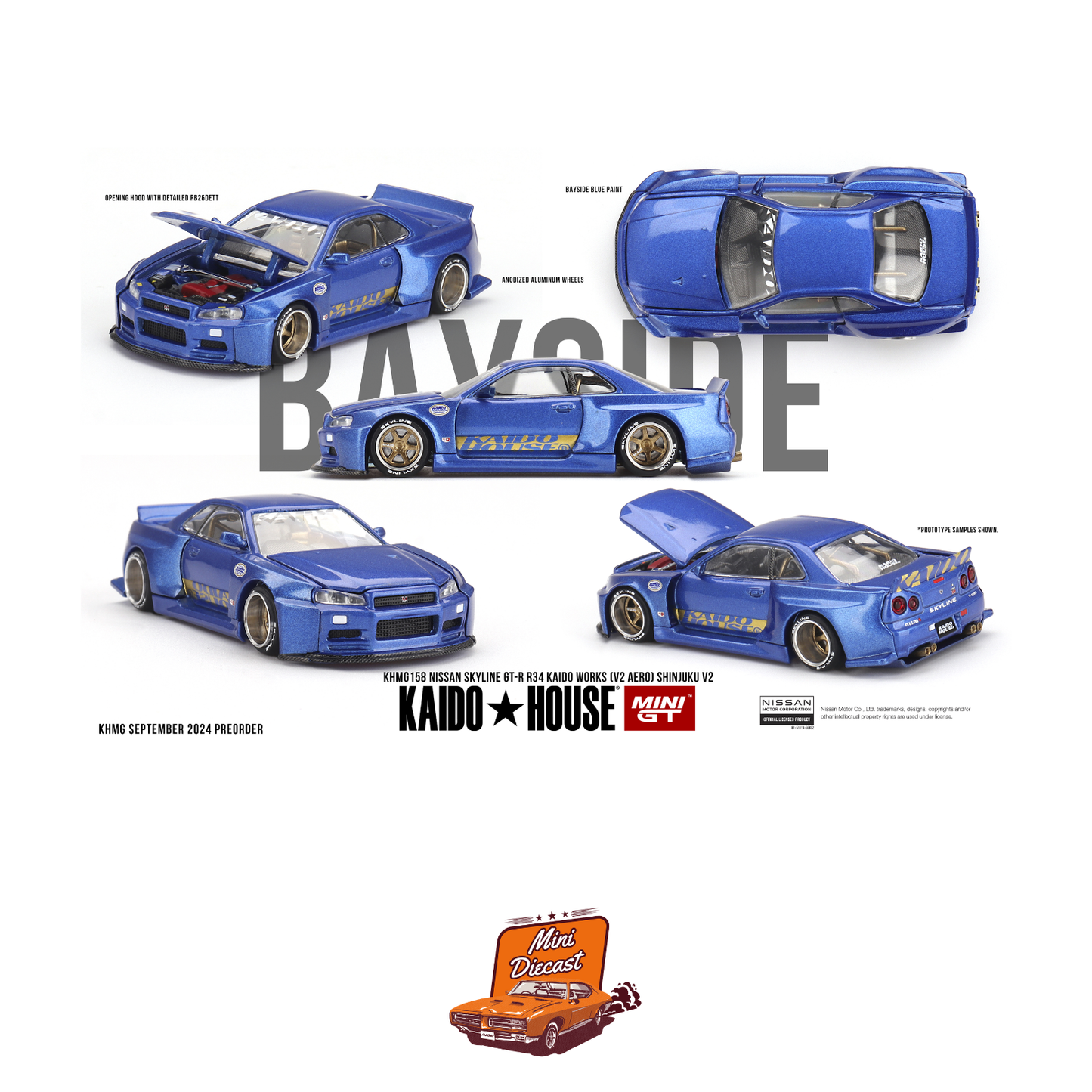 (Unsealed) - Mini GT Kaido House #158 Nissan Skyline GT-R (R34) Kaido Works (V2 Aero) Shinjuku V2 (Imported)