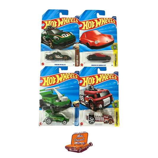Hot Wheels Mainline (Set of 4) – Porsche 911 Rallye / Porsche 911 Carrera Clip (Red) / 2x Fantasy Models