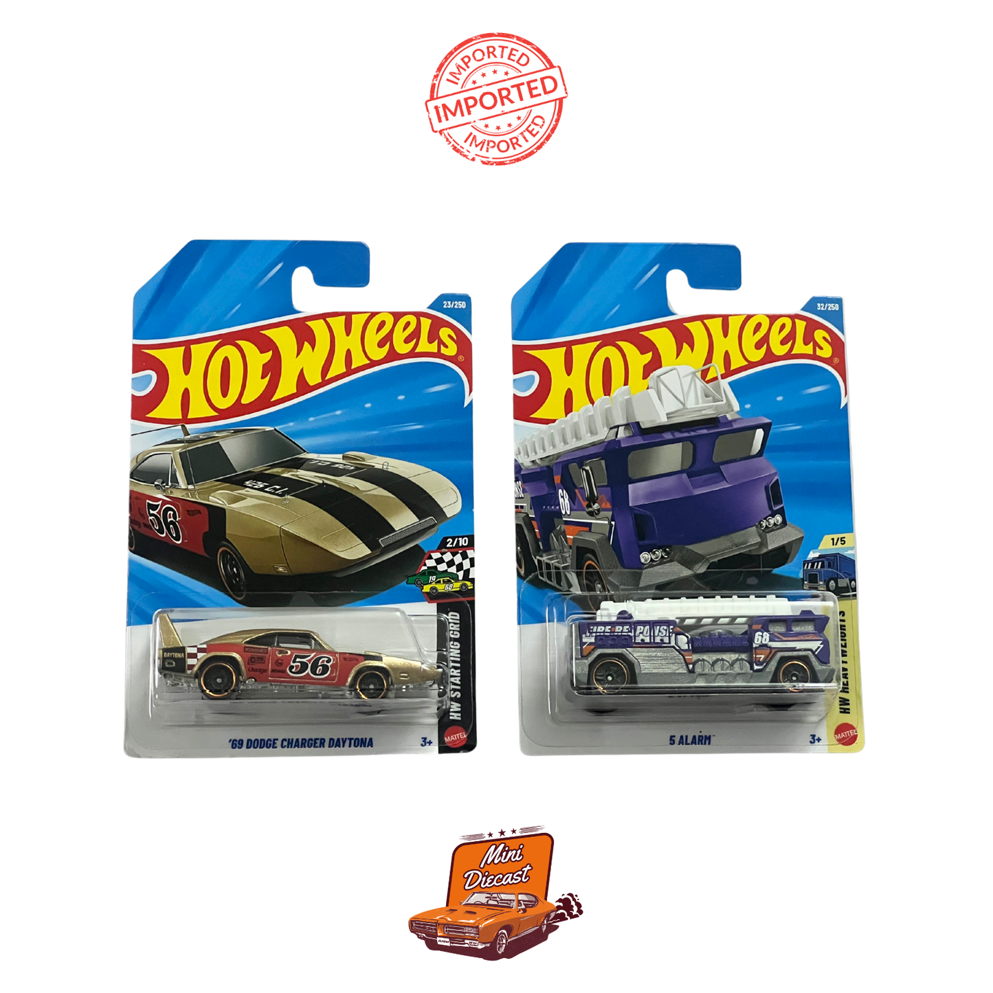 Hot Wheels Mainline (Set of 2) – ’69 Dodge Charger Daytona / 5 Alarm (Imported)