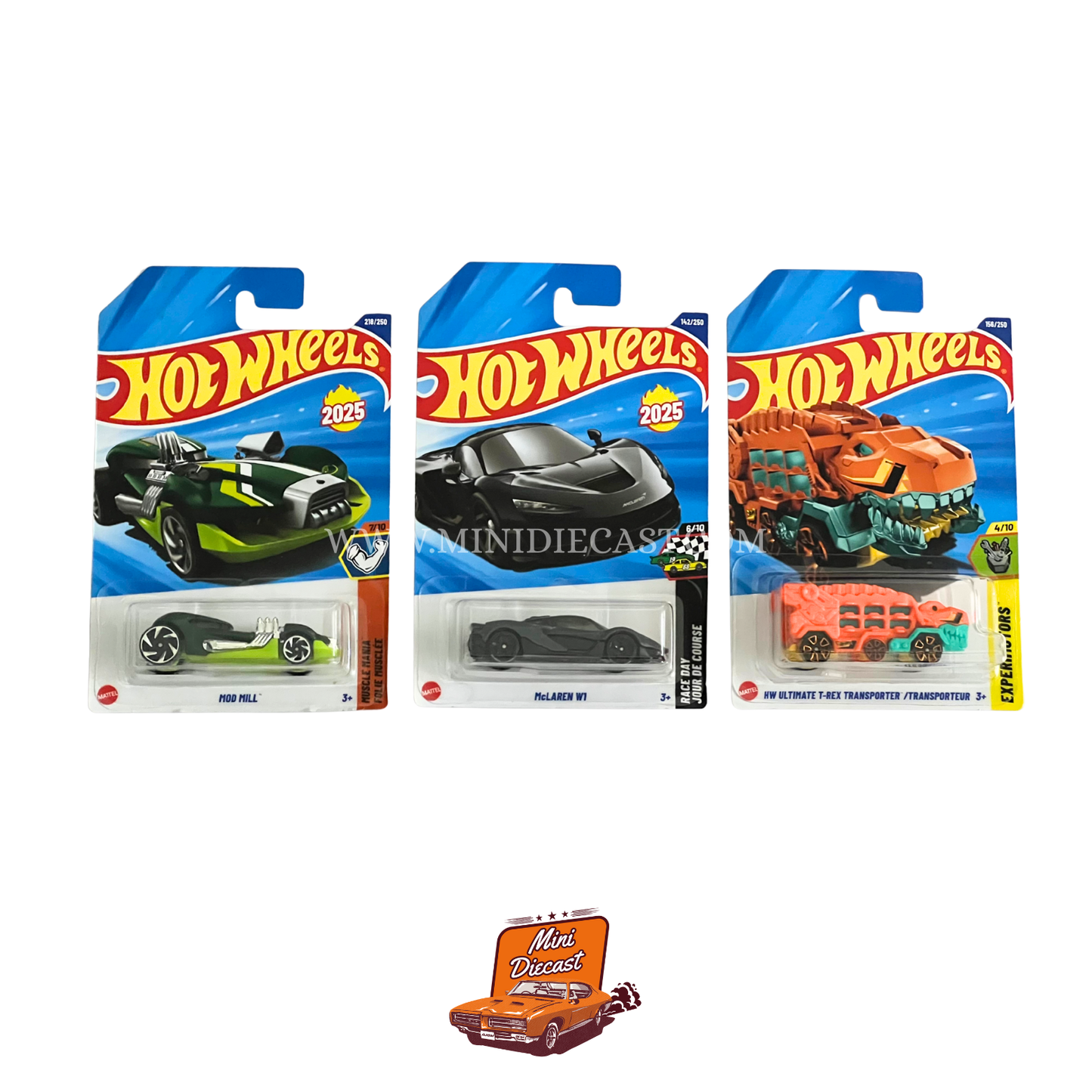 Hot Wheels Mainline (Set of 3) – Mod Mill / McLaren W1 / HW Ultimate T-Rex Transporter