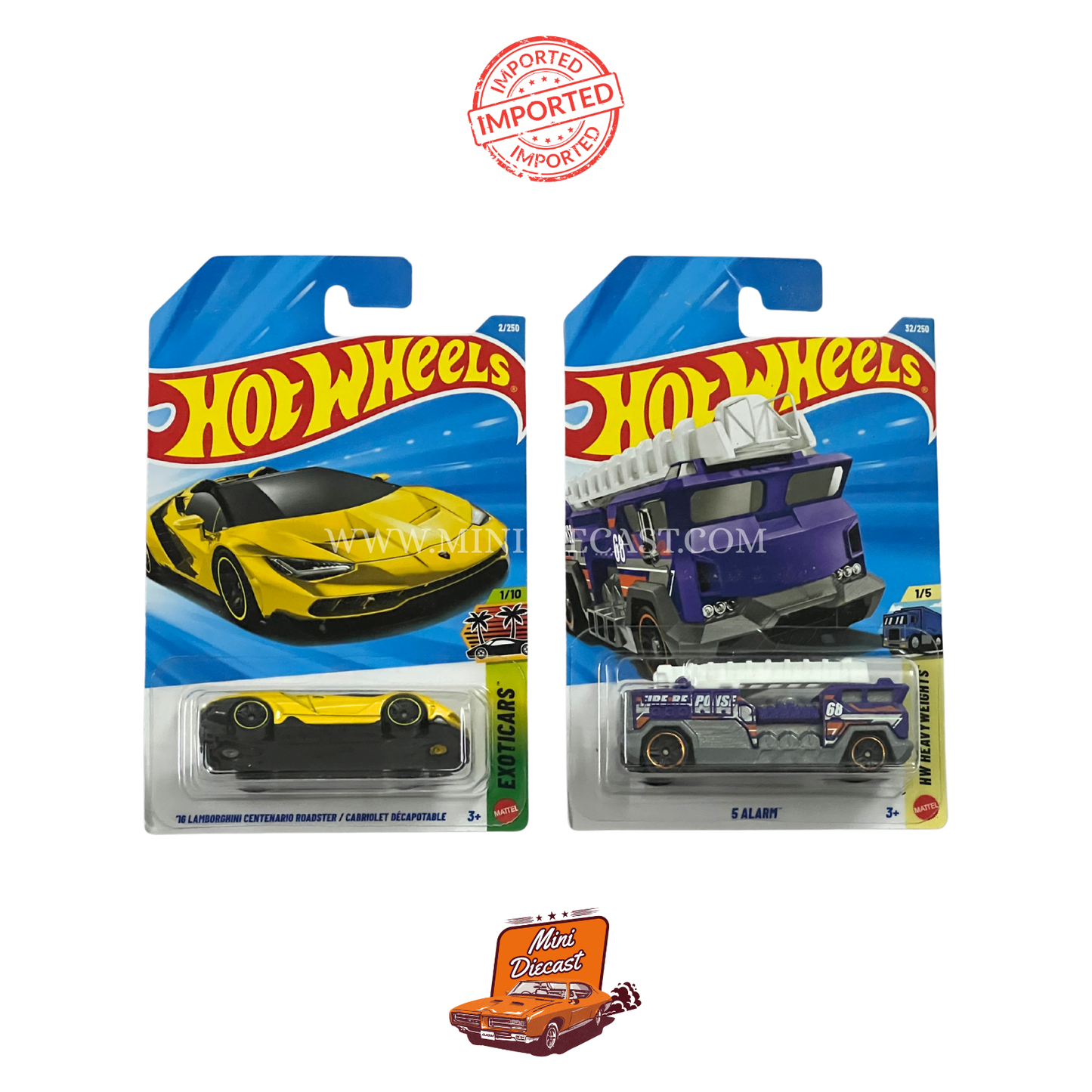 Hot Wheels Mainline (Set of 2) – ’16 Lamborghini Centenario Roadster / 5 Alarm (Imported)