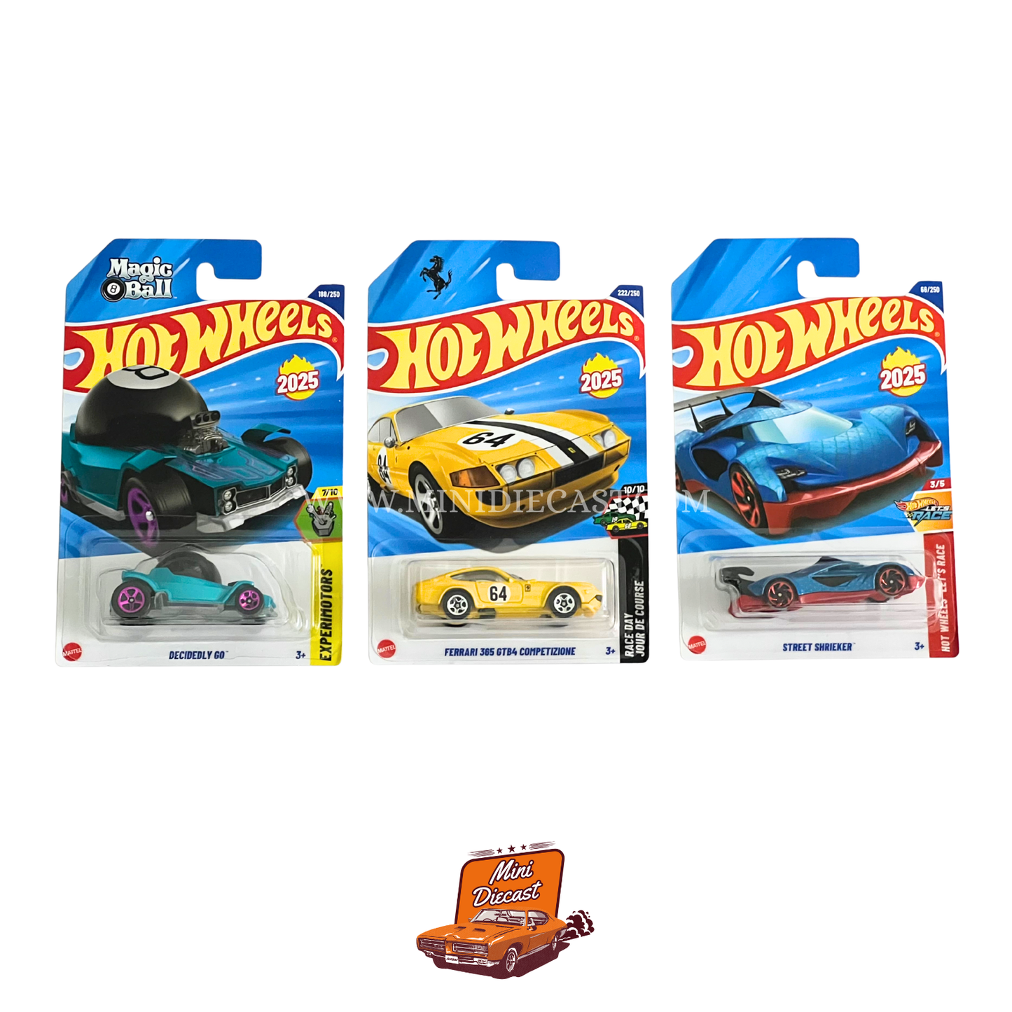 Hot Wheels Mainline (Set of 3) – Decidedly Go / Ferrari 365 GTB4 Competizione / Street Shrieker
