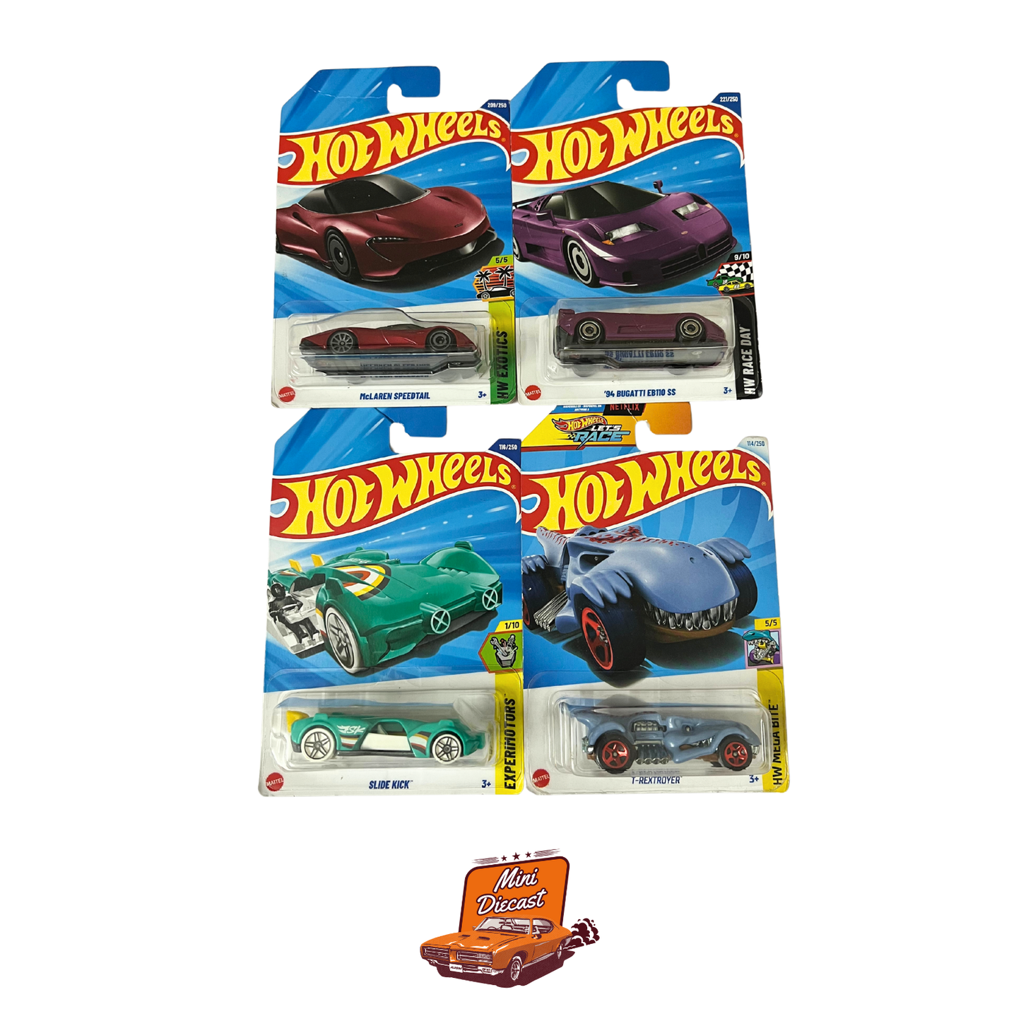 Hot Wheels Mainline (Set of 4) – McLaren Speedtail / ’94 Bugatti EB110SS / Slide Kick / T-Rextroyer