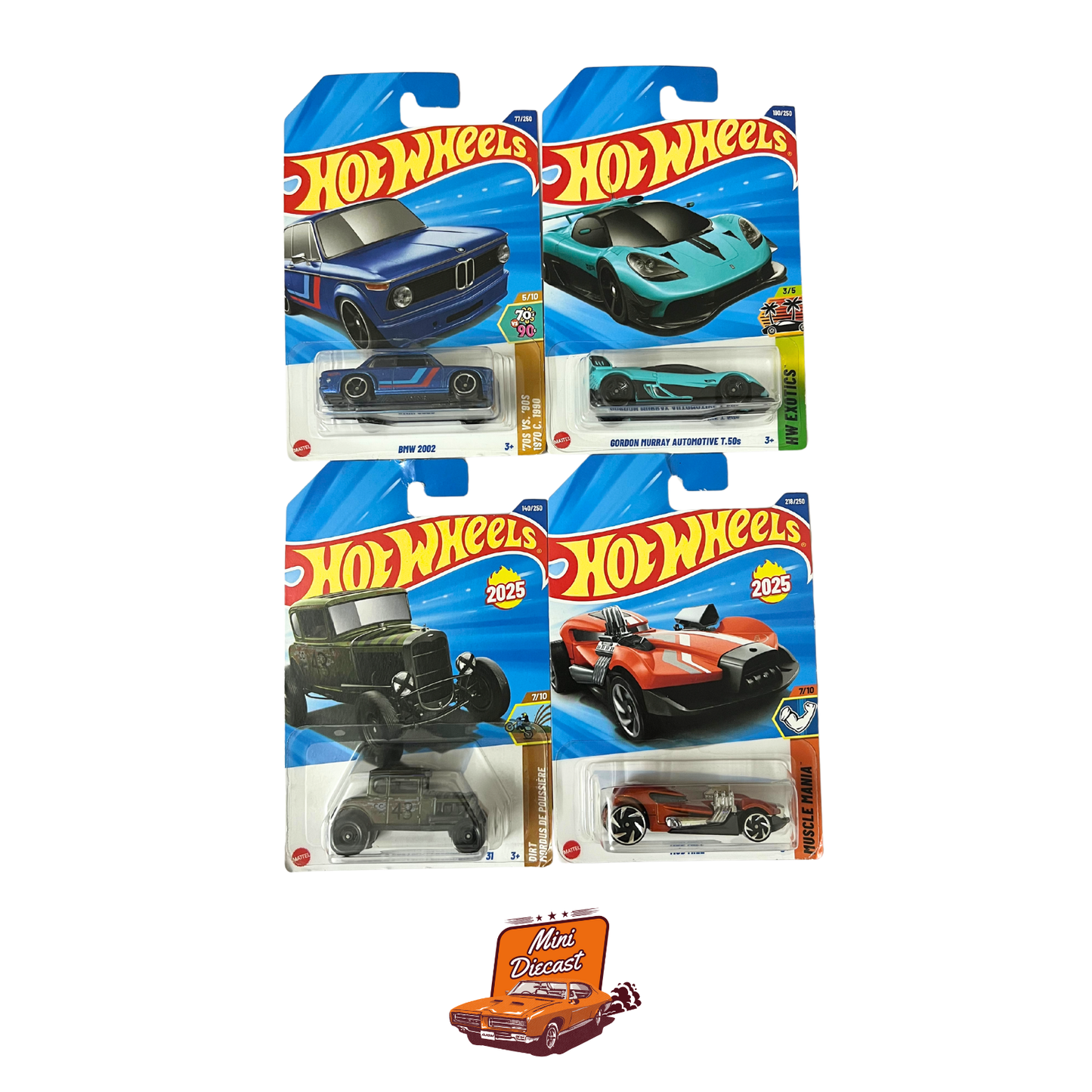 Hot Wheels Mainline (Set of 4) – BMW 2002 / Gordon Murray Automotive T.50S / ’31 Ford Model A Custom / Mod Mill