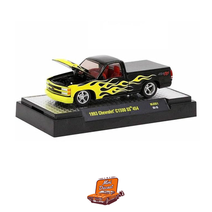 M2 Machines 1993 Chevy C1500 SS 454 Pickup Truck Black with Yellow Flames & Red Interior Limited Edition