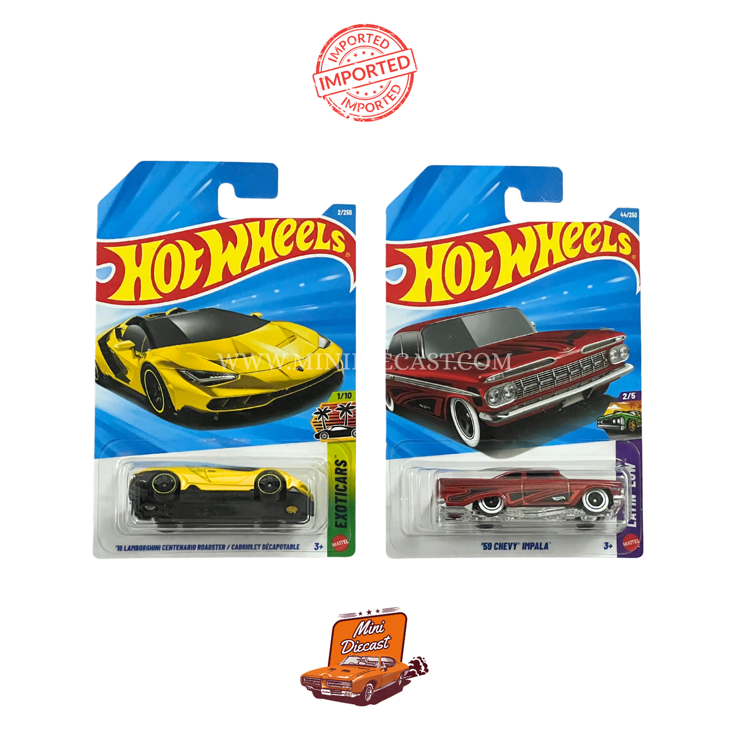 Hot Wheels Mainline (Set of 2) – ’16 Lamborghini Centenario Roadster / ’59 Chevy Impala (Imported)