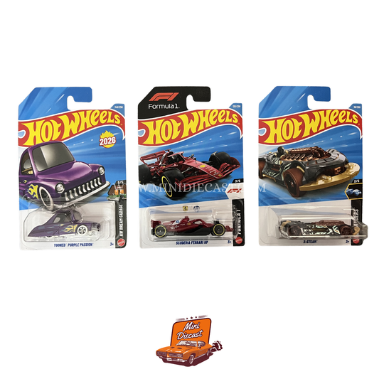 Hot Wheels Mainline (Set of 3) – Tooned™ Purple Passion / Scuderia Ferrari HP / X-Steam