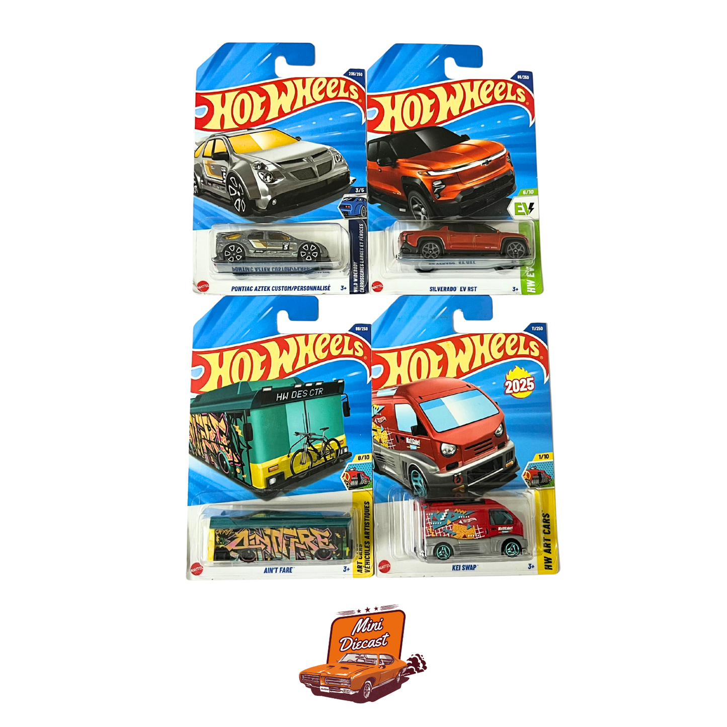 Hot Wheels Mainline (Set of 4) – Pontiac Aztek Custom / Silverado EV RST / Ain’t Fare / Kei Swap