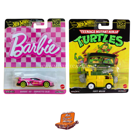Hot Wheels Premium Pop Culture (Set of 2) – Barbie ’65 Corvette / Teenage Mutant Ninja Turtles Party Wagon