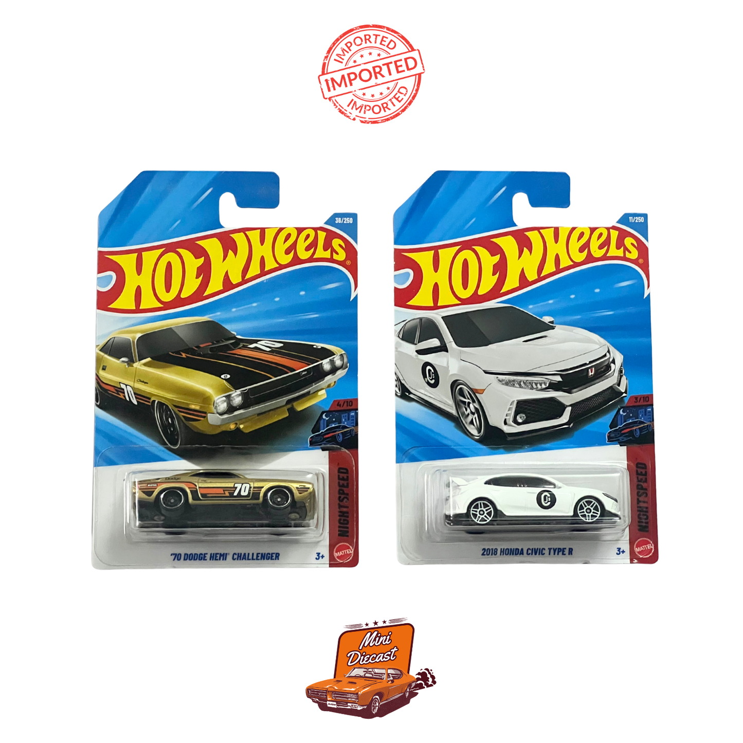 Hot Wheels Mainline (Set of 2) – ’70 Dodge HEMI Challenger / 2018 Honda Civic Type R (Imported)