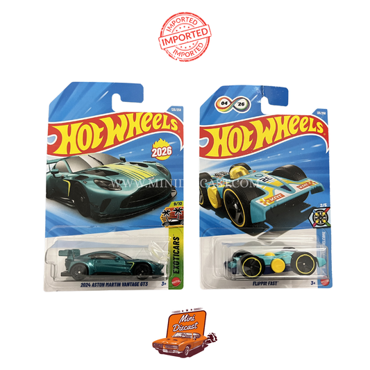Hot Wheels Mainline (Set of 2) – 2024 Aston Martin Vantage GT3 / Flippin Fast (Imported)
