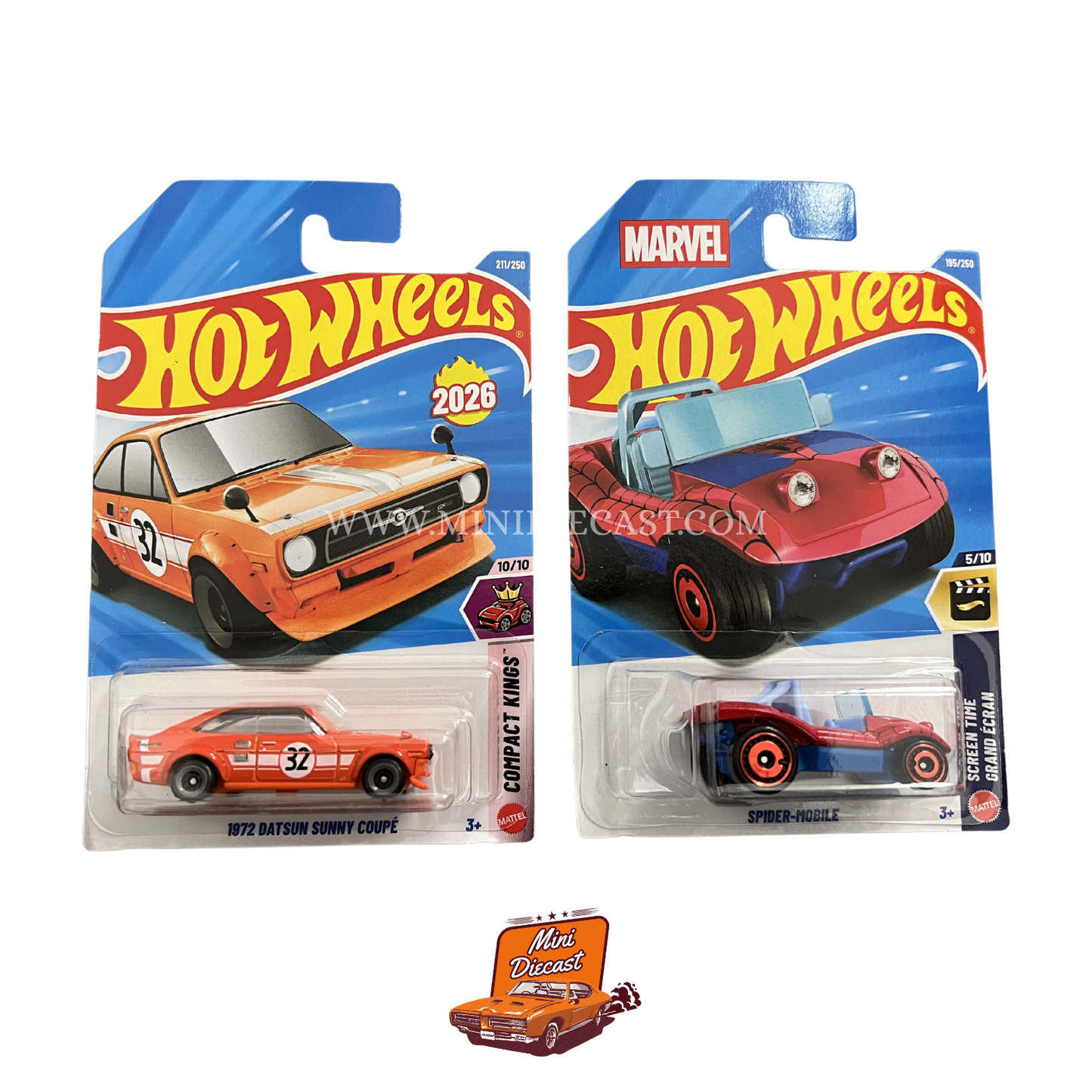Hot Wheels Mainline (Set of 2) – 1972 Datsun Sunny Coupé / Spider-Mobile