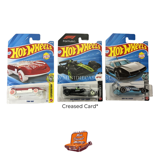 Hot Wheels Mainline (Set of 3) – Twin Tags / Kick Sauber F1 Team (Creased Card) / High-Tail Chaser
