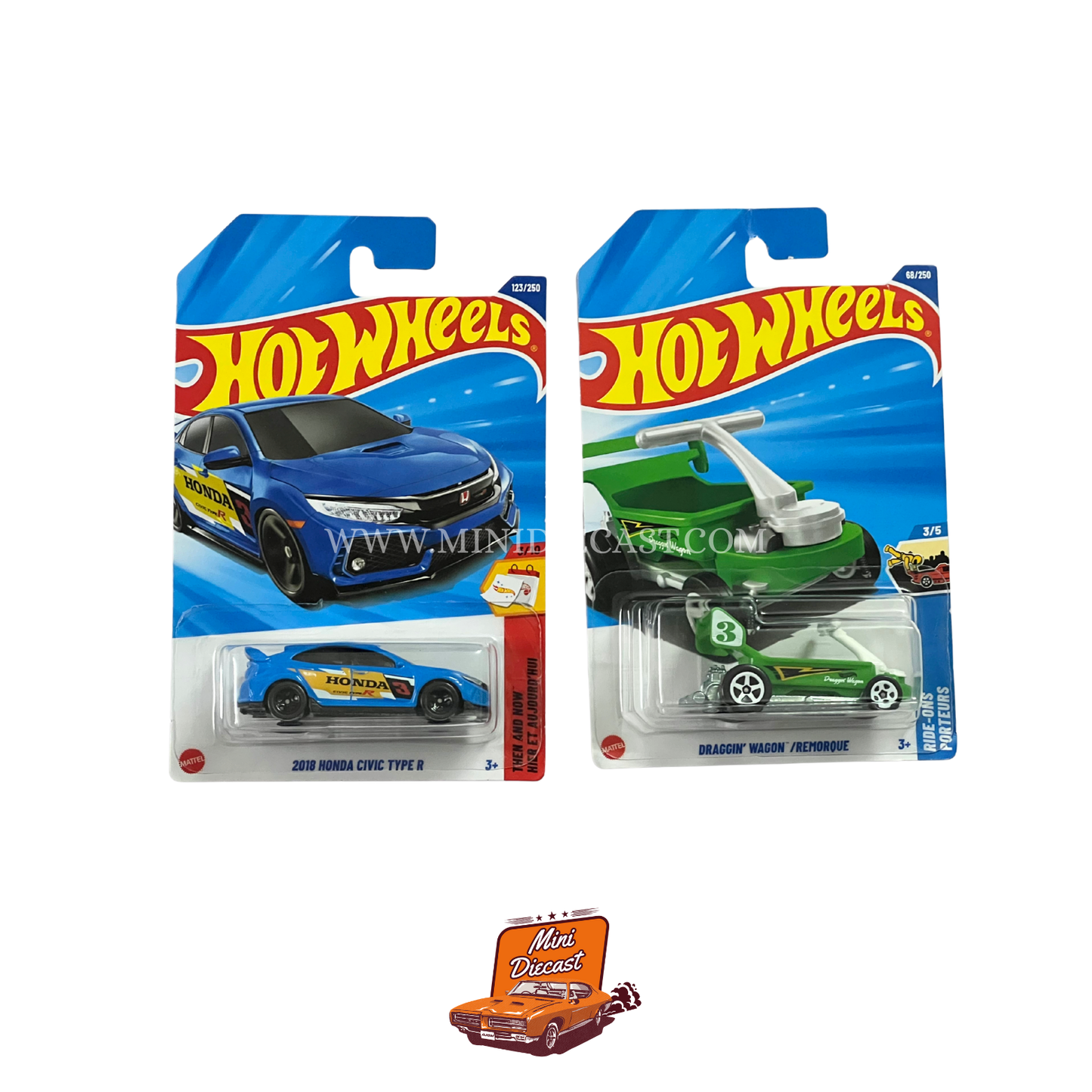 Hot Wheels Mainline (Set of 2) – 2018 Honda Civic Type R / Draggin’ Wagon (Remorque)