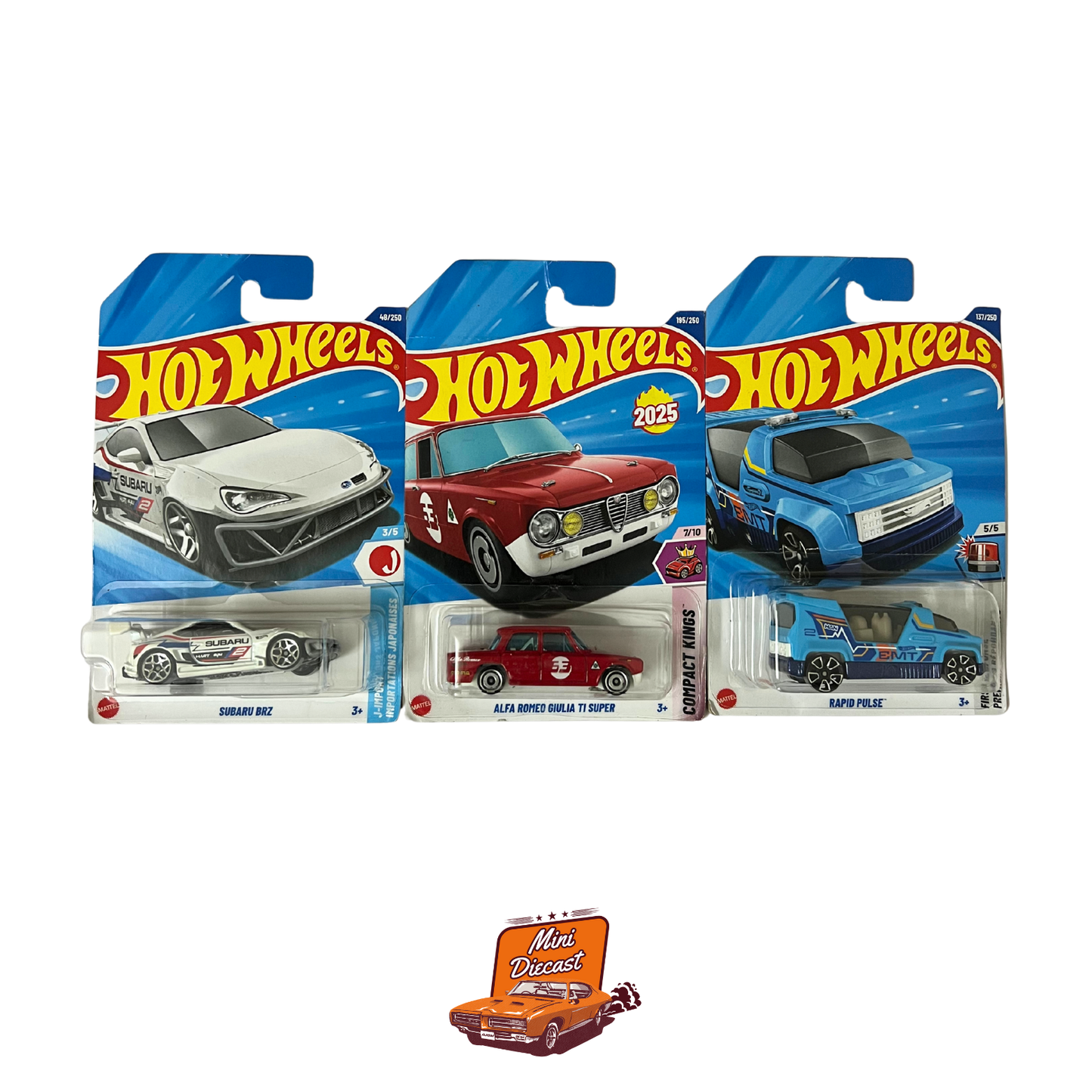 Hot Wheels Mainline (Set of 3) – Subaru BRZ / Alfa Romeo Giulia TI Super / Rapid Pulse