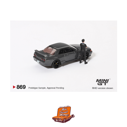 Mini GT #869 Nissan Skyline GT-R (R32) – Gunmetal (With Matsuda Figure)