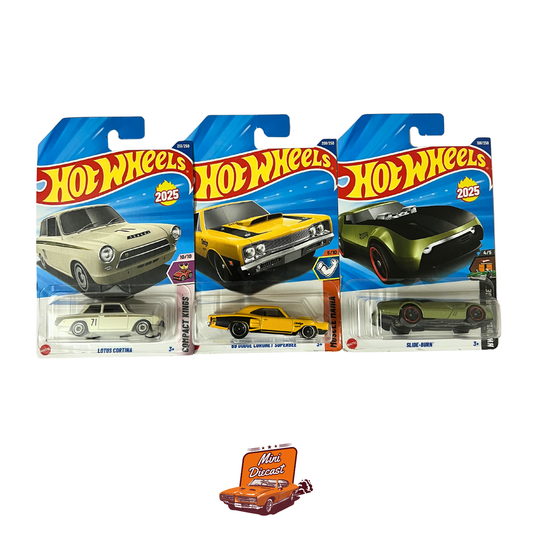 Hot Wheels Mainline (Set of 3) – Lotus Cortina / ’69 Dodge Coronet Super Bee / Slide Burn