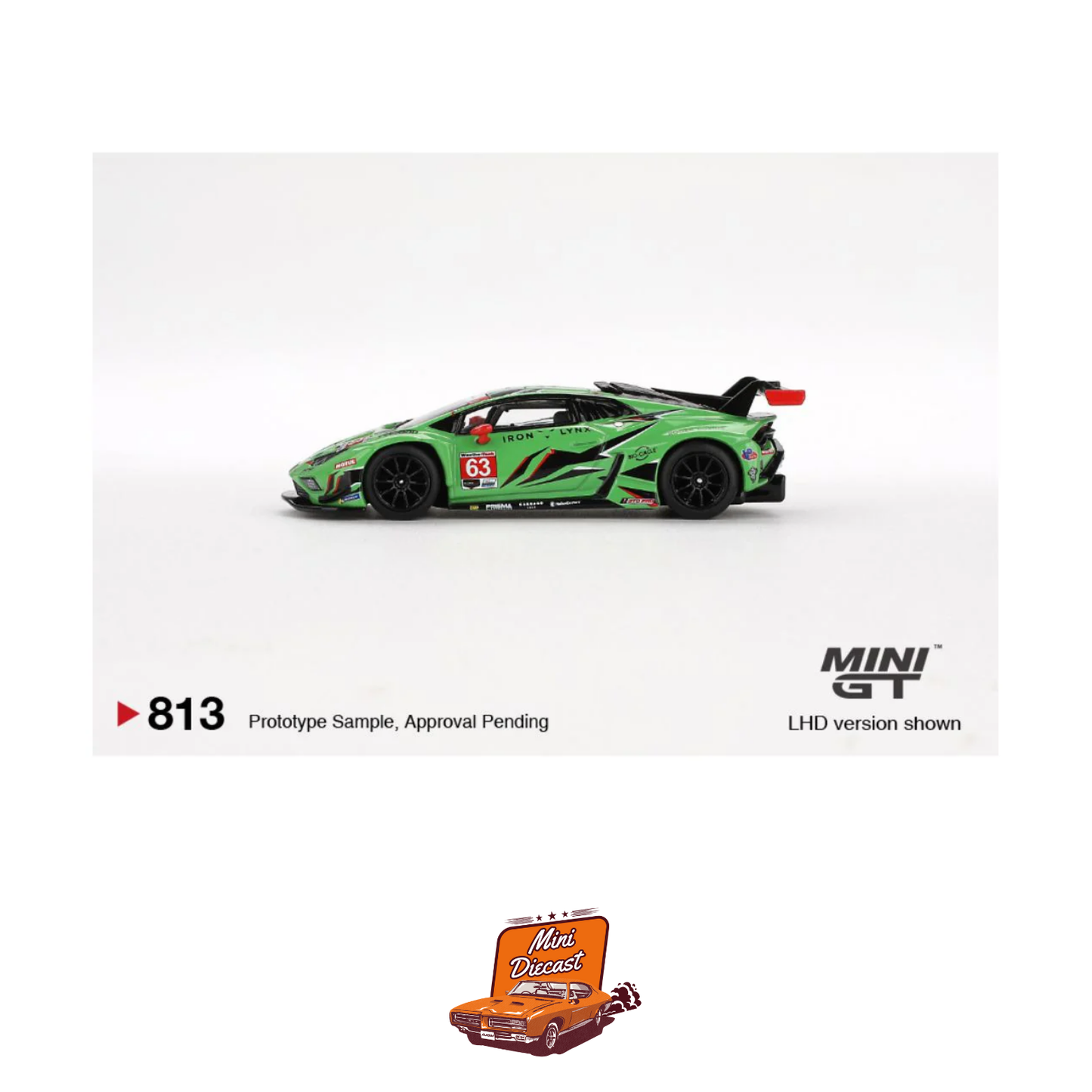 Mini GT #813 Lamborghini Huracán GT3 EVO2 #63 Iron Lynx IMSA 2023 Daytona 24 Hrs