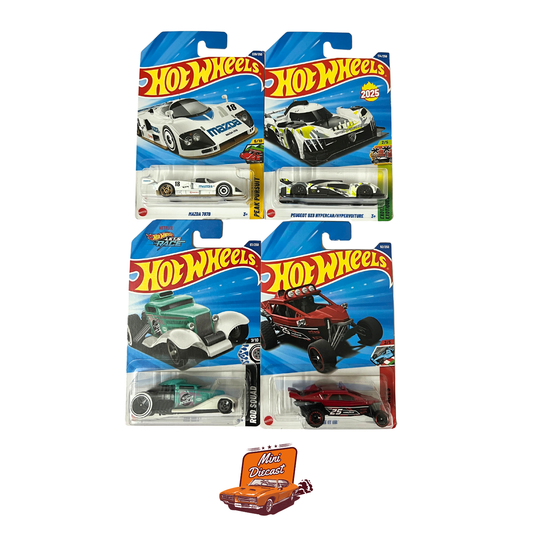 Hot Wheels Mainline (Set of 4) – Mazda 787B / Peugeot 9X8 Hypercar / Mid Mill / Dune It Up
